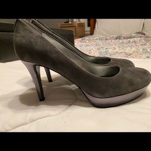 Grey Suede Tahiti platform heels with silver heel